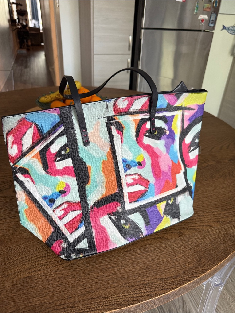 Leather Colorful Pop-Art Canvas Tote with Black Handles